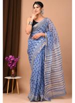 Cotton Kota Doriya Blue Casual Wear Printed Saree